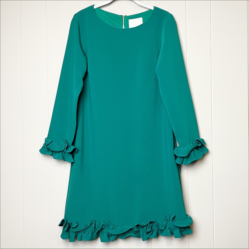Sail to Sable Green Shift Dress 4 long sleeve mini ruffle cocktail party holiday - Picture 3 of 14